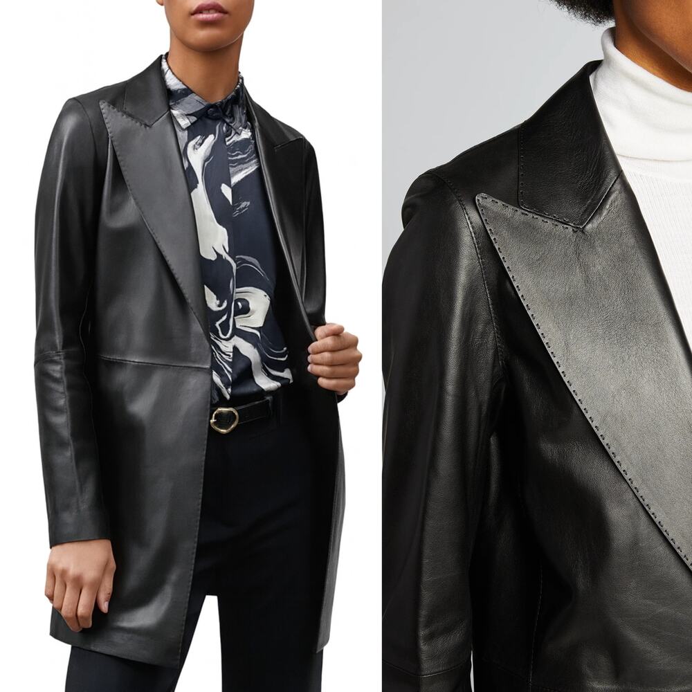 Lafayette 148 New York Kourt Plonge Lambskin Jacket Black L